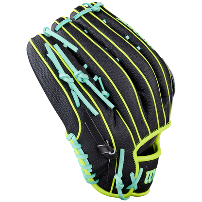 The Wilson A2000 1750SS 12.5" Baseball Glove by Wilson features Pro Stock black leather, bright turquoise laces, and neon yellow accents, displayed with the palm side facing away on a white background.