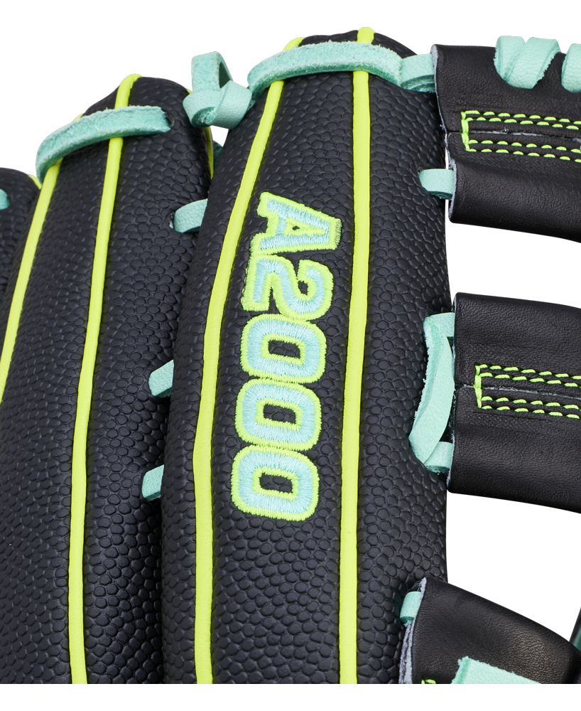 Close-up of the Wilson A2000 1750SS 12.5" Baseball Glove: WBW104599125 in black Pro Stock leather with light blue stitching, neon yellow piping, and embroidered A2000 text in light blue on one finger.