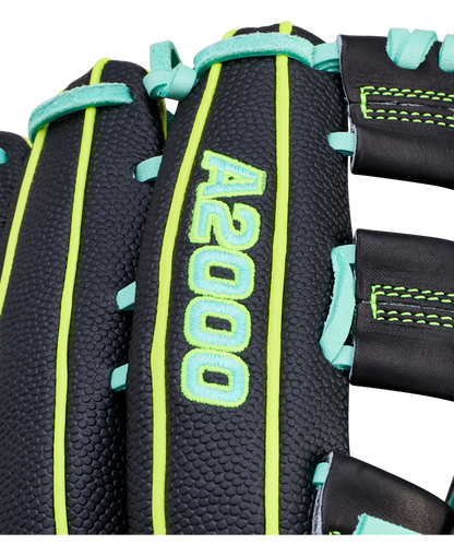 Close-up of the Wilson A2000 1750SS 12.5" Baseball Glove: WBW104599125 in black Pro Stock leather with light blue stitching, neon yellow piping, and embroidered A2000 text in light blue on one finger.
