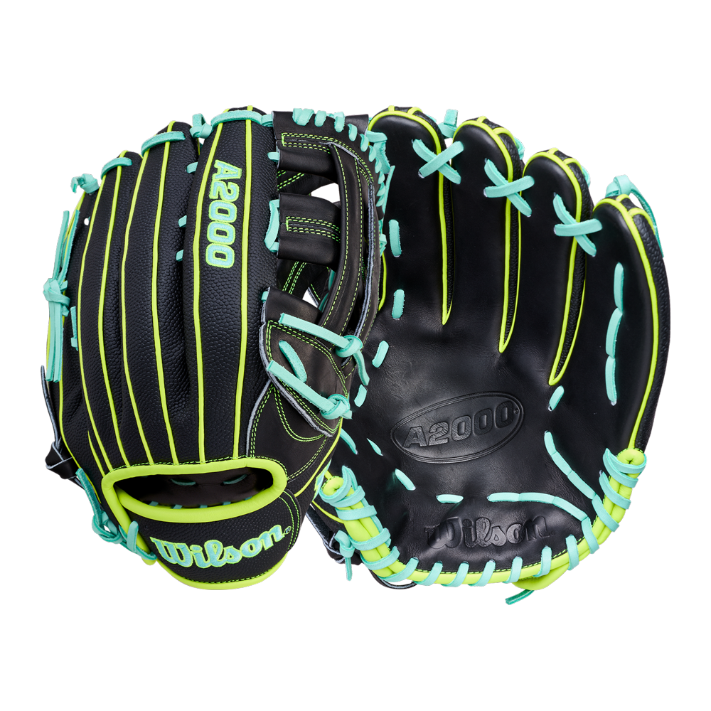 Two views of the Wilson A2000 1750SS 12.5" Baseball Glove (WBW104599125) by Wilson, featuring black Pro Stock leather with neon yellow accents and aqua blue laces, shown palm side and back on a white background.
