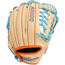 The Wilson A2000 PF89 11.5" Baseball Glove (WBW104602115) features tan premium Pro Stock leather with orange and blue stitching and laces, shown on a white background.