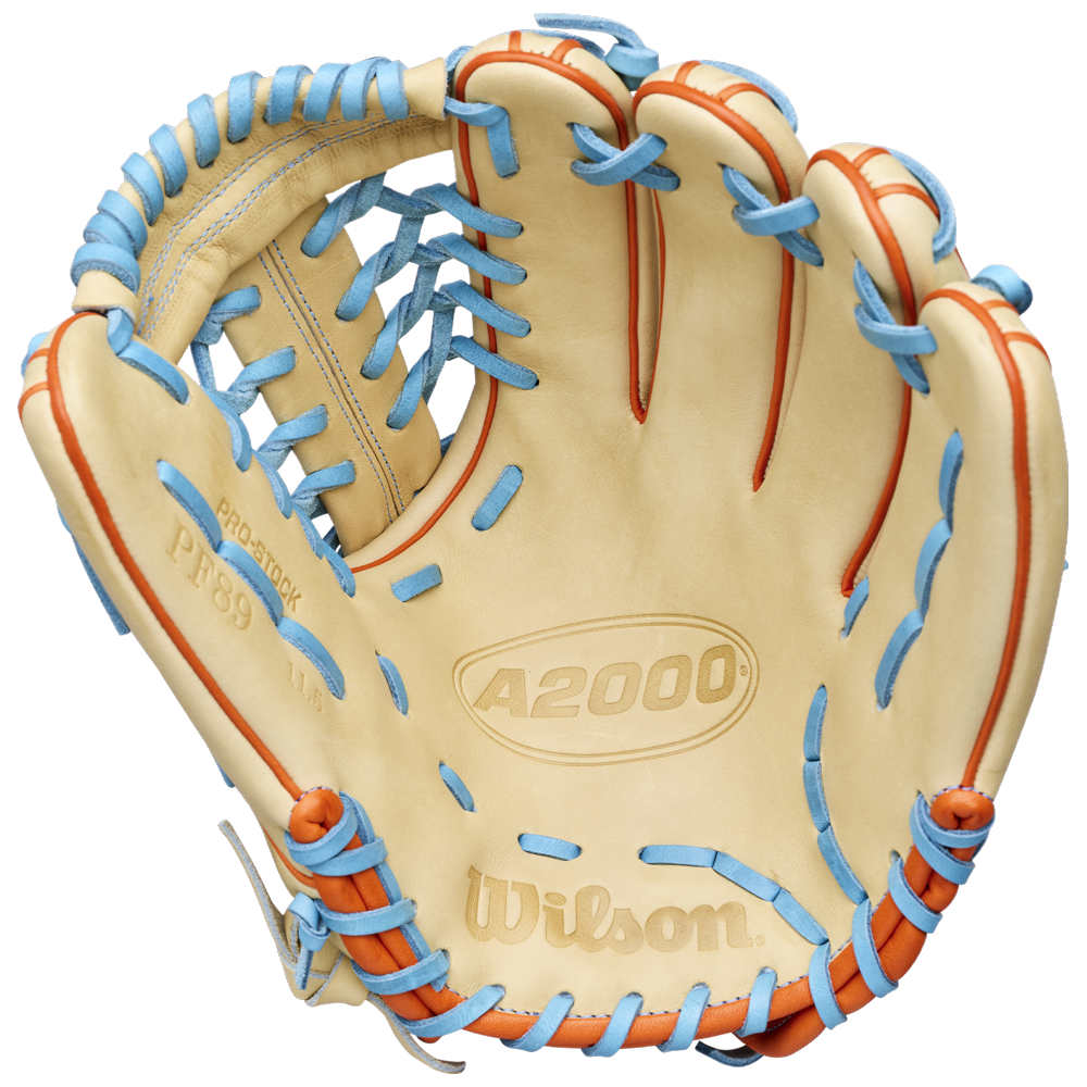 The Wilson A2000 PF89 11.5" Baseball Glove (WBW104602115) features a cream color with blue and orange laces, Pro Stock leather, Pedroia Fit design, and the Wilson logo embossed on the palm. Palm and finger slots are visible when open.