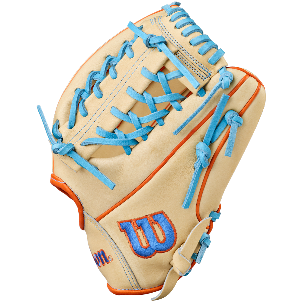 The Wilson A2000 PF89 11.5" Baseball Glove (WBW104602115) features Pro Stock tan leather, striking blue laces, orange accents, and a bold blue W logo embroidered on the side for standout style.
