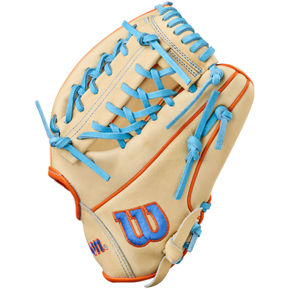 The Wilson A2000 PF89 11.5" Baseball Glove (WBW104602115) features Pro Stock tan leather, striking blue laces, orange accents, and a bold blue W logo embroidered on the side for standout style.
