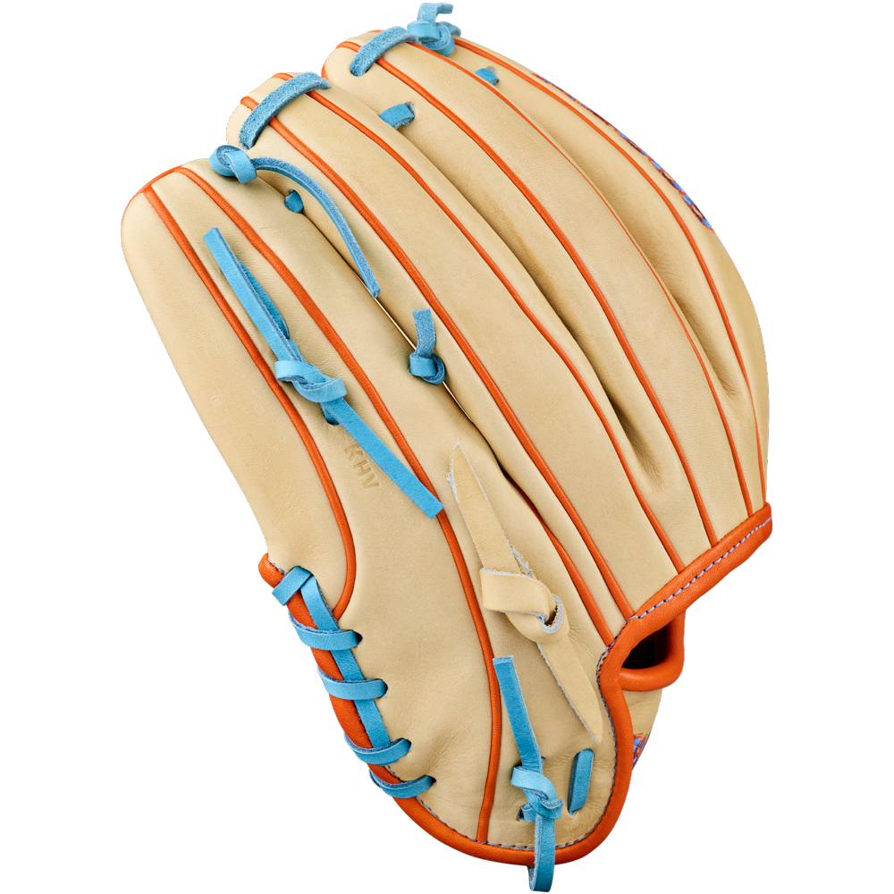 The Wilson A2000 PF89 11.5" Baseball Glove (WBW104602115) features tan Pro Stock leather, orange trim, and blue laces, displayed against a white background.
