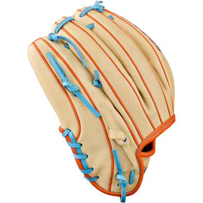 The Wilson A2000 PF89 11.5" Baseball Glove (WBW104602115) features tan Pro Stock leather, orange trim, and blue laces, displayed against a white background.