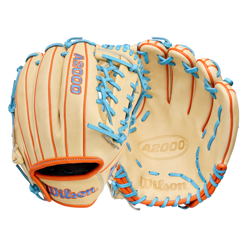 A Wilson A2000 PF89 11.5" baseball glove (WBW104602115) by Wilson, featuring a tan color with orange and blue laces and crafted from Pro Stock leather, is displayed front and back on a white background.