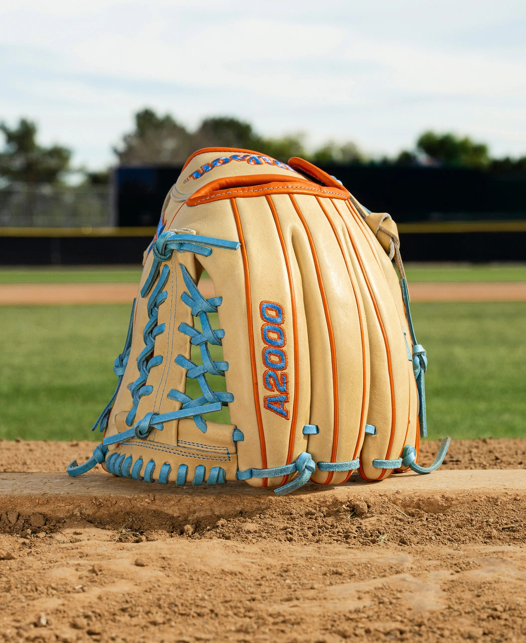 The Wilson A2000 PF89 11.5" Baseball Glove (WBW104602115), crafted from Pro Stock leather, features tan color with blue lacing and “A2000” on the side, shown upright on a pitcher’s mound with a field and trees behind it.