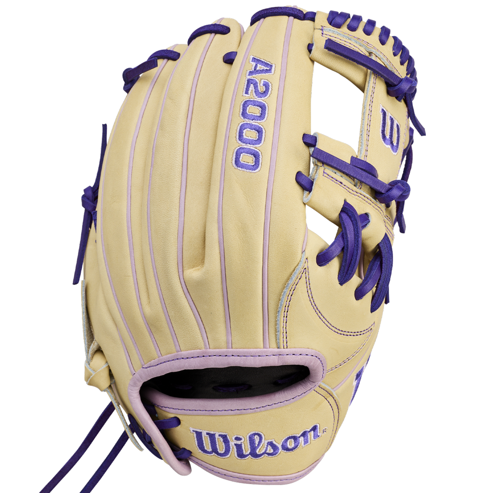 A Wilson A2000 H12 12" Fastpitch Glove (WBW10460712) in tan Pro Stock Leather with purple laces, stitching, and branding is displayed from the back.