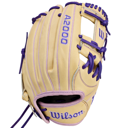 A Wilson A2000 H12 12" Fastpitch Glove (WBW10460712) in tan Pro Stock Leather with purple laces, stitching, and branding is displayed from the back.