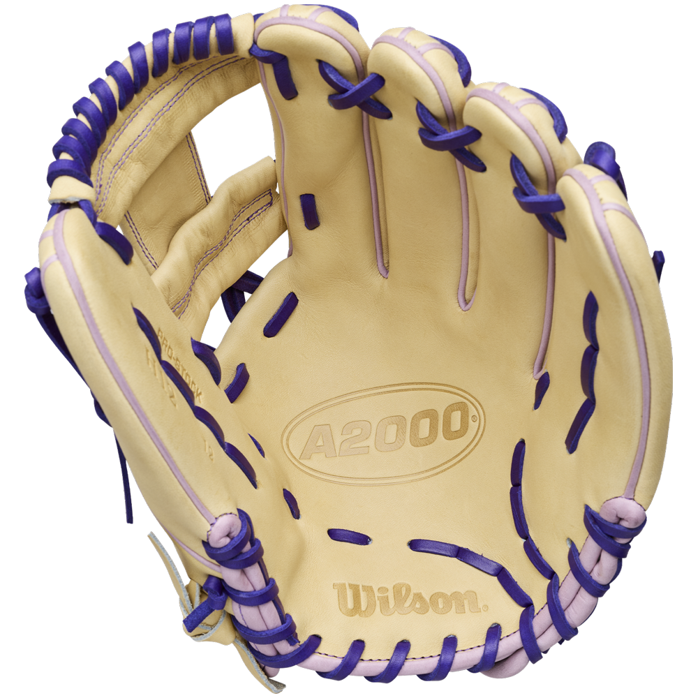 A tan Wilson A2000 H12 12" Fastpitch Glove (WBW10460712) with purple laces, made from Pro Stock Leather, is displayed open showing Wilson branding on the palm and inner wrist.