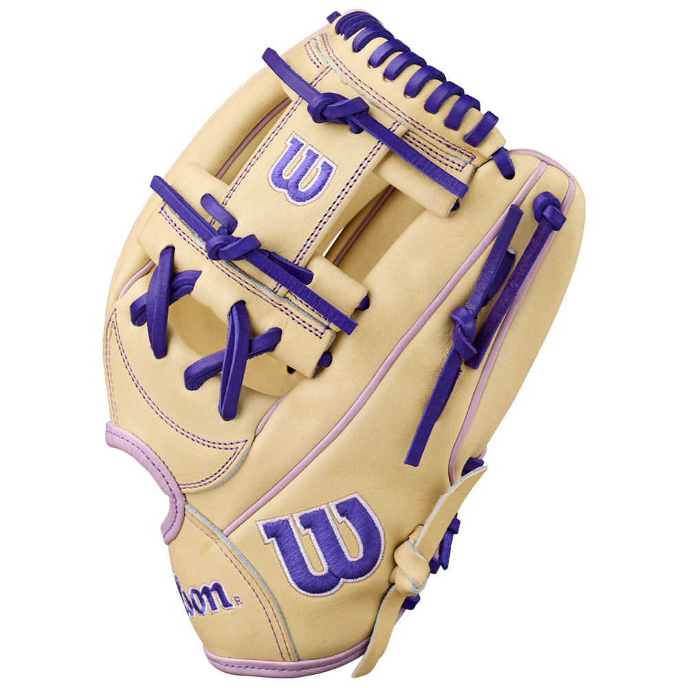 The Wilson A2000 H12 12" Fastpitch Glove (WBW10460712) features tan Pro Stock Leather with purple lacing, stitching, and a bold purple W logo on the wrist and back, displayed against a plain white background.