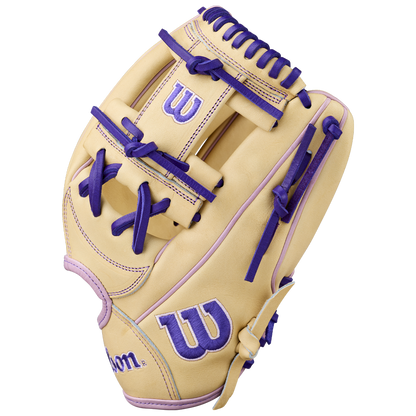 The Wilson A2000 H12 12" Fastpitch Glove (WBW10460712) features tan Pro Stock Leather with purple lacing, stitching, and a bold purple W logo on the wrist and back, displayed against a plain white background.