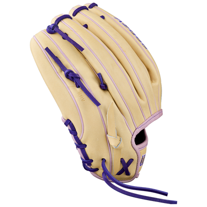 The Wilson A2000 H12 12" Fastpitch Glove: WBW10460712, in tan with purple laces and accents, made from Pro Stock Leather, is displayed on a plain white background with a view from the back and side.