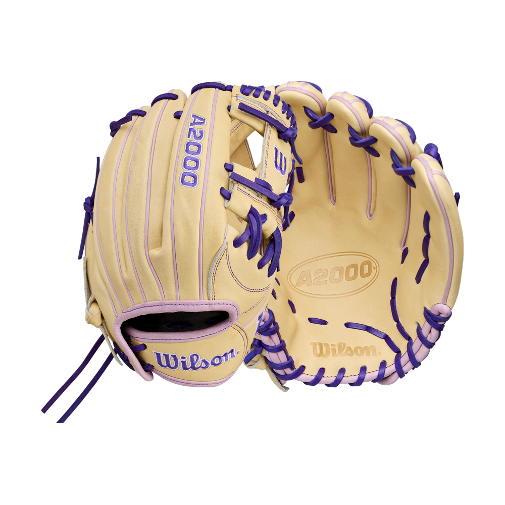 Two beige Wilson A2000 H12 12" Fastpitch Gloves (WBW10460712) feature purple and lavender lacing, logos, and stitching. One shows the palm and the other the back, both set against a plain white background. Brand: Wilson.