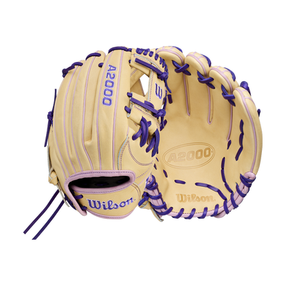 Two beige Wilson A2000 H12 12" Fastpitch Gloves (WBW10460712) feature purple and lavender lacing, logos, and stitching. One shows the palm and the other the back, both set against a plain white background. Brand: Wilson.