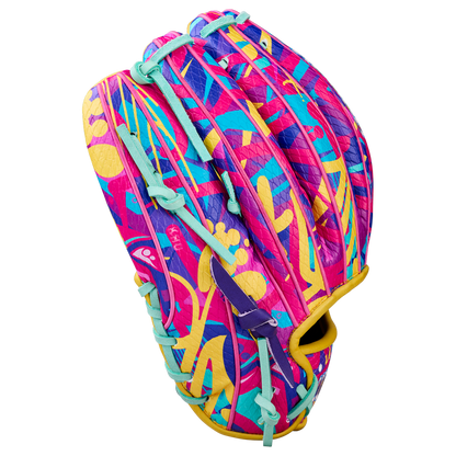 The Wilson A2000 1786SS 11.5" Baseball Glove - GOTM January 2026 features a vibrant abstract design in pink, yellow, turquoise, and purple with Pro Stock leather, turquoise laces, and a yellow wrist trim.