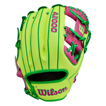 The Wilson A2000 1975SS 11.75" Baseball Glove (GOTM March 2026, WBW1046441175) features a bright yellow design with green laces and pink accents, crafted from Pro Stock Leather as part of the Wilson Glove of the Month collection.