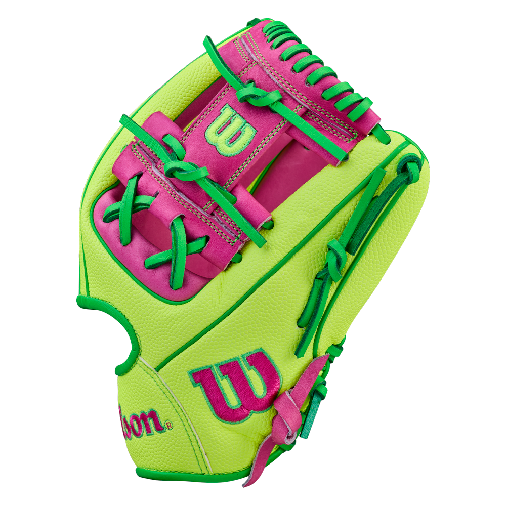 The Wilson A2000 1975SS 11.75" Baseball Glove (GOTM March 2026, WBW1046441175) features neon yellow leather with vibrant pink accents plus green laces, logo, and trim for a bold look.