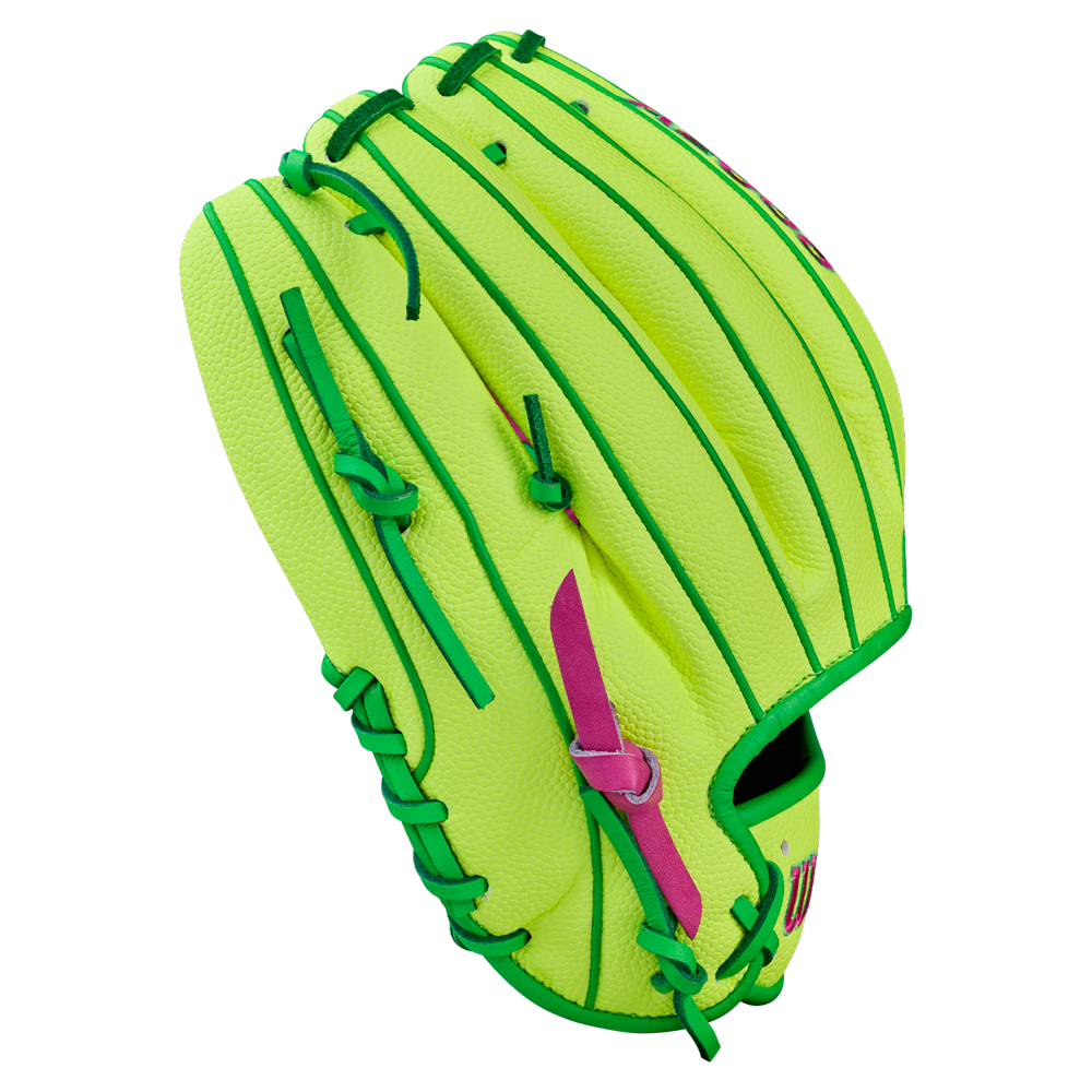 The Wilson A2000 1975SS 11.75" Baseball Glove (GOTM March 2026, WBW1046441175) features bright yellow-green leather, green stitching, and pink accents, inspired by Wilson’s Glove of the Month series. Shown on a white background.