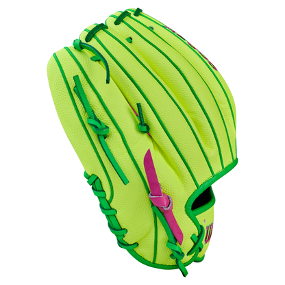 The Wilson A2000 1975SS 11.75" Baseball Glove (GOTM March 2026, WBW1046441175) features bright yellow-green leather, green stitching, and pink accents, inspired by Wilson’s Glove of the Month series. Shown on a white background.