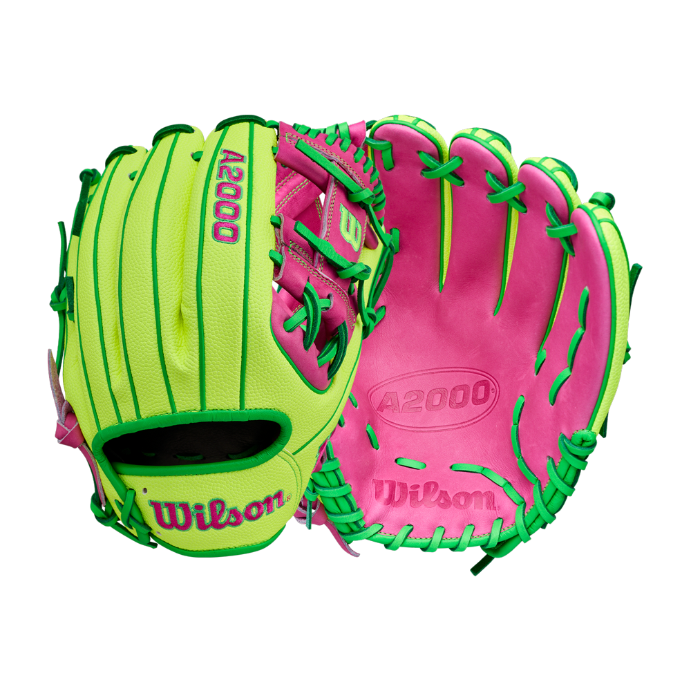The Wilson A2000 1975SS 11.75" Baseball Glove (GOTM March 2026, WBW1046441175) by Wilson is shown open and closed in vibrant lime green, hot pink, and teal, featuring bold stitching and exclusive Glove of the Month branding.