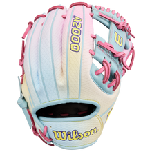 The Wilson A2000 1786SS 11.5" Baseball Glove (GOTM April 2026: WBW104645115) features Columbia Blue Pro Stock leather in pastel pink, yellow, blue, and white, with pink lacing and yellow/blue Wilson and A2000 accents.