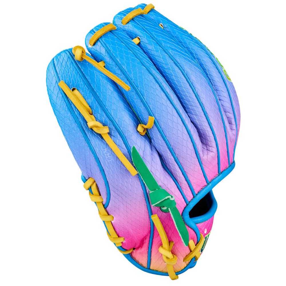 The Wilson Love the Moment A2000 1786SS 11.5" Noah’s Edition Baseball Glove features blue, pink, and purple colors with yellow laces and a green thumb, shown upright on white—part of Wilson’s Autism Speaks collaboration.