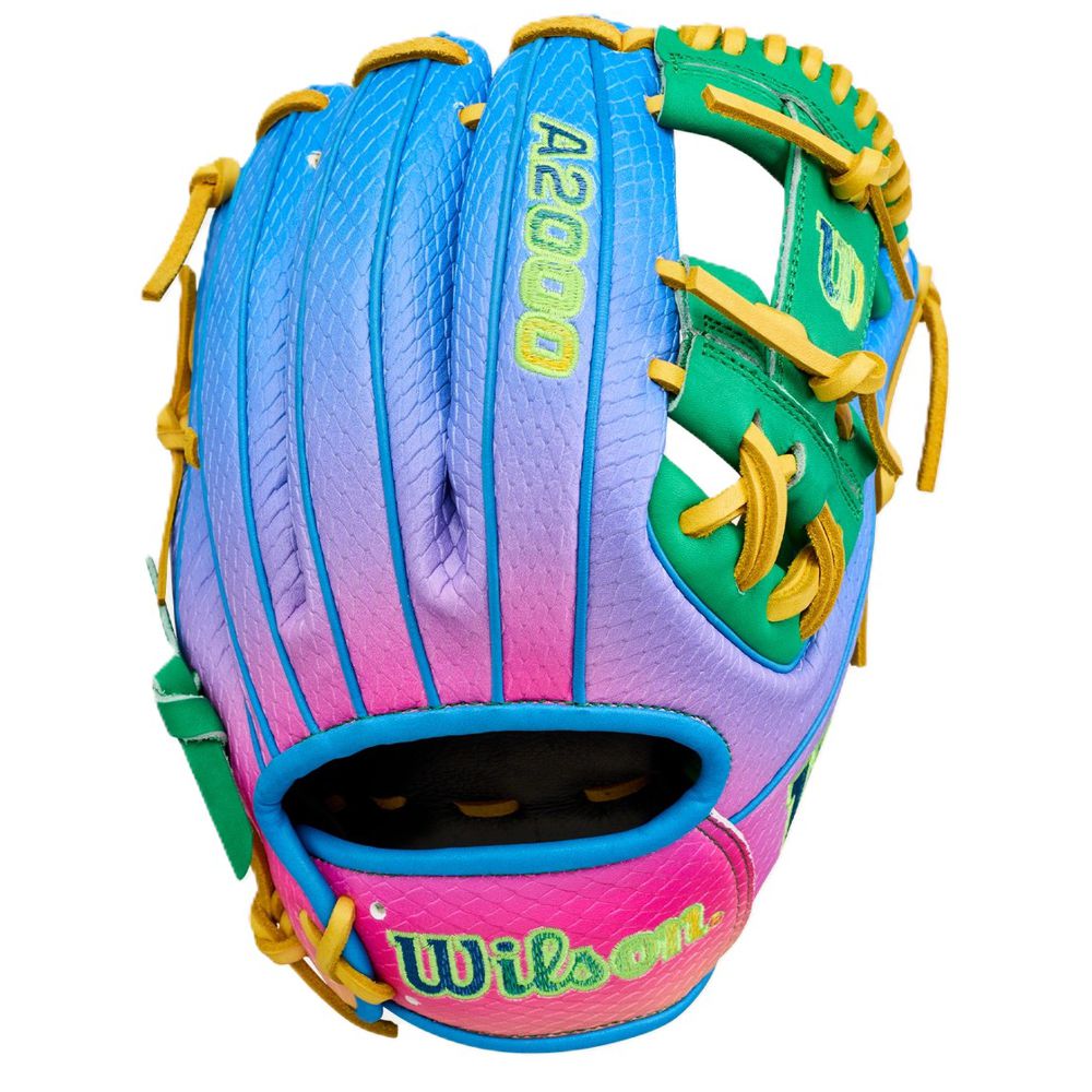 The Wilson Love the Moment A2000 1786SS 11.5" Noah’s Edition Baseball Glove features vibrant blue, pink, and purple shades with yellow laces and green trim, plus colorful embroidery for the Autism Speaks collaboration.