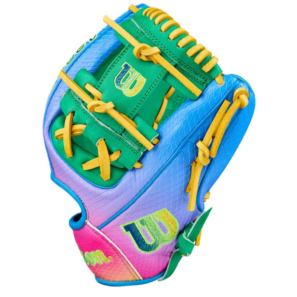 The Wilson Love the Moment A2000 1786SS 11.5" Noah’s Edition Baseball Glove (WBW104826115) features a blue, pink, and purple gradient design with green and yellow laces and accents—part of an Autism Speaks collaboration.