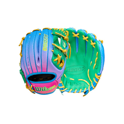 Two Wilson Love the Moment A2000 1786SS 11.5" Noah’s Edition gloves feature bold blue, pink, yellow, and green accents—one shows its colorful front while the other displays a vibrant palm—part of an eye-catching Autism Speaks collaboration.
