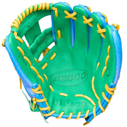 The Wilson Love the Moment A2000 1786SS 11.5" Noah’s Edition Baseball Glove features bright green leather, blue side and finger accents, and yellow lacing—a unique Autism Speaks collaboration from Wilson.