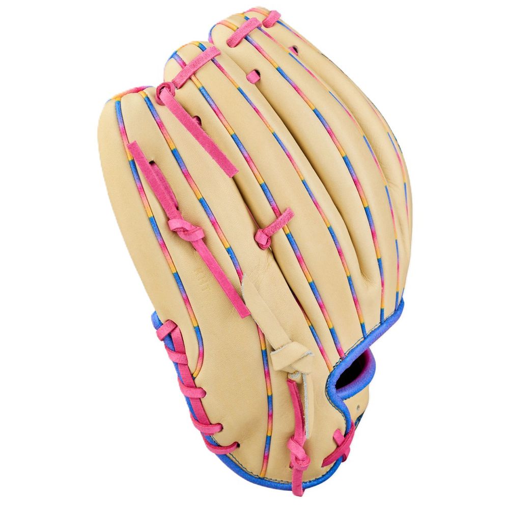The Wilson Love the Moment A2000 1786 11.5" Baseball Glove features tan Pro Stock Leather with pink lacing and blue, pink, and yellow striped accents, shown from the back with the glove closed.