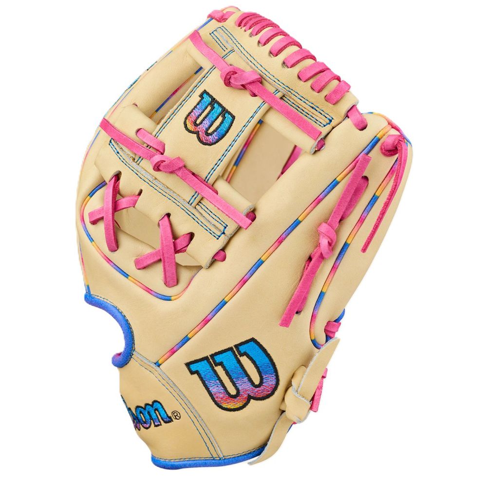 The Wilson Love the Moment A2000 1786 11.5" Baseball Glove (WBW104827115) features a beige design, pink laces, rainbow stitching, Autism Speaks detailing, and a blue W logo on the thumb and wrist.