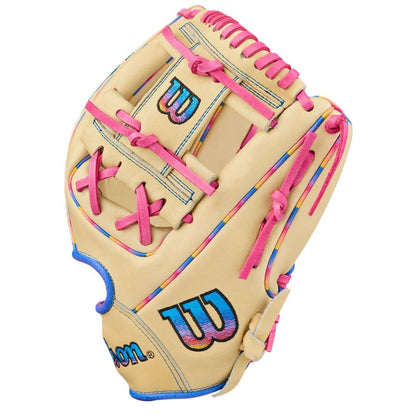 The Wilson Love the Moment A2000 1786 11.5" Baseball Glove (WBW104827115) features a beige design, pink laces, rainbow stitching, Autism Speaks detailing, and a blue W logo on the thumb and wrist.
