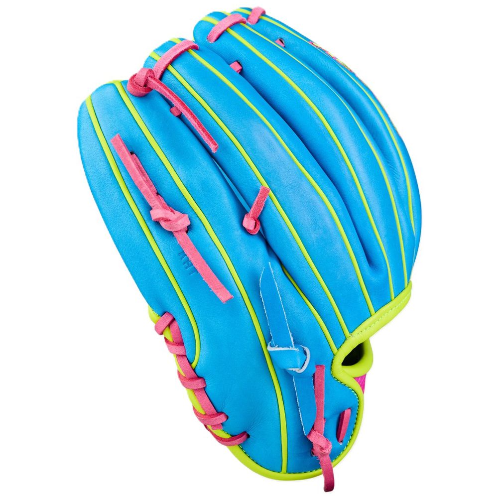 The Wilson Love the Moment A2000 DP15 11.5" Baseball Glove (WBW104828115) features blue Pro Stock leather, bright green trim, and pink laces, displayed against a white background.