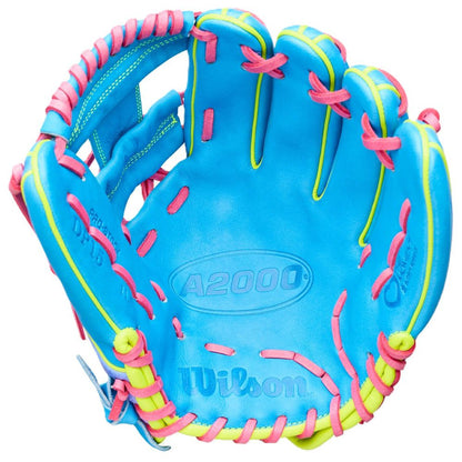 A Wilson Love the Moment A2000 DP15 11.5" baseball glove by Wilson, featuring bright blue Pro Stock leather, pink lacing, and yellow accents, is displayed open with the palm facing up.