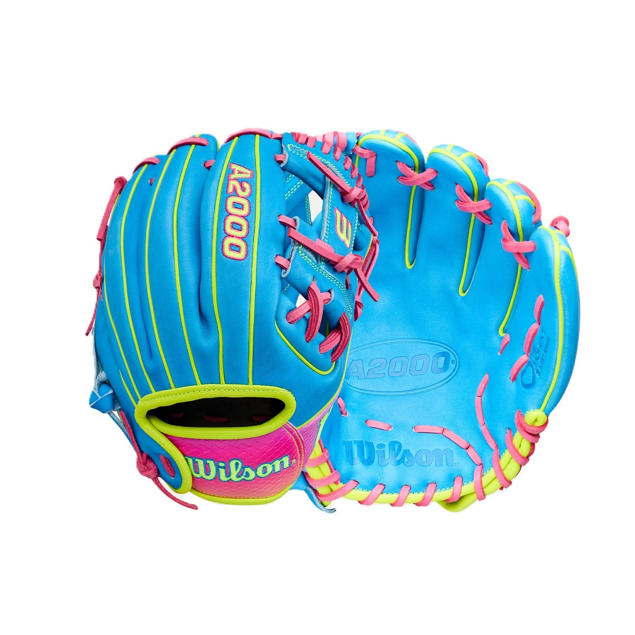 A pair of Wilson Love the Moment A2000 DP15 11.5" Baseball Gloves (WBW104828115) in bright blue with pink laces, yellow accents, and Wilson logo on the wrist strap, made from Pro Stock leather, shown palm up and down.