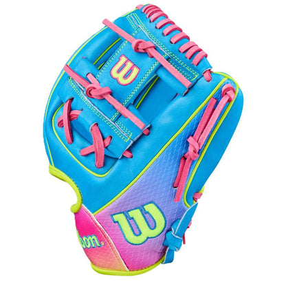The Wilson Love the Moment A2000 DP15 11.5" Baseball Glove (WBW104828115) features vibrant blue, pink, purple, and yellow accents, pink laces, the Wilson logo, and is crafted with Pro Stock leather for a playful look.