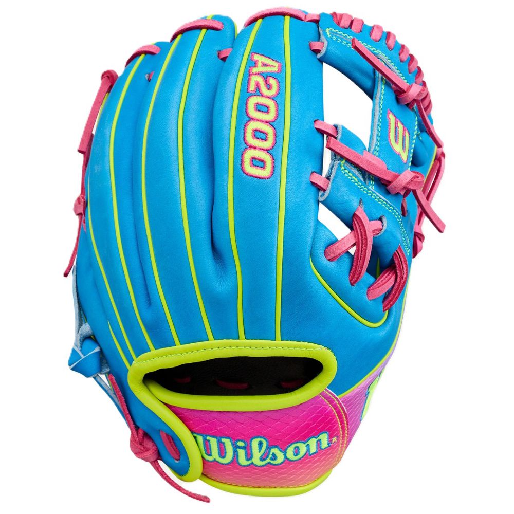 The Wilson Love the Moment A2000 DP15 11.5" Baseball Glove (WBW104828115) features Pro Stock leather in blue, pink, and yellow, pink/yellow logos and stitching, pink laces, neon green outlines, and is inspired by the Autism Speaks series.