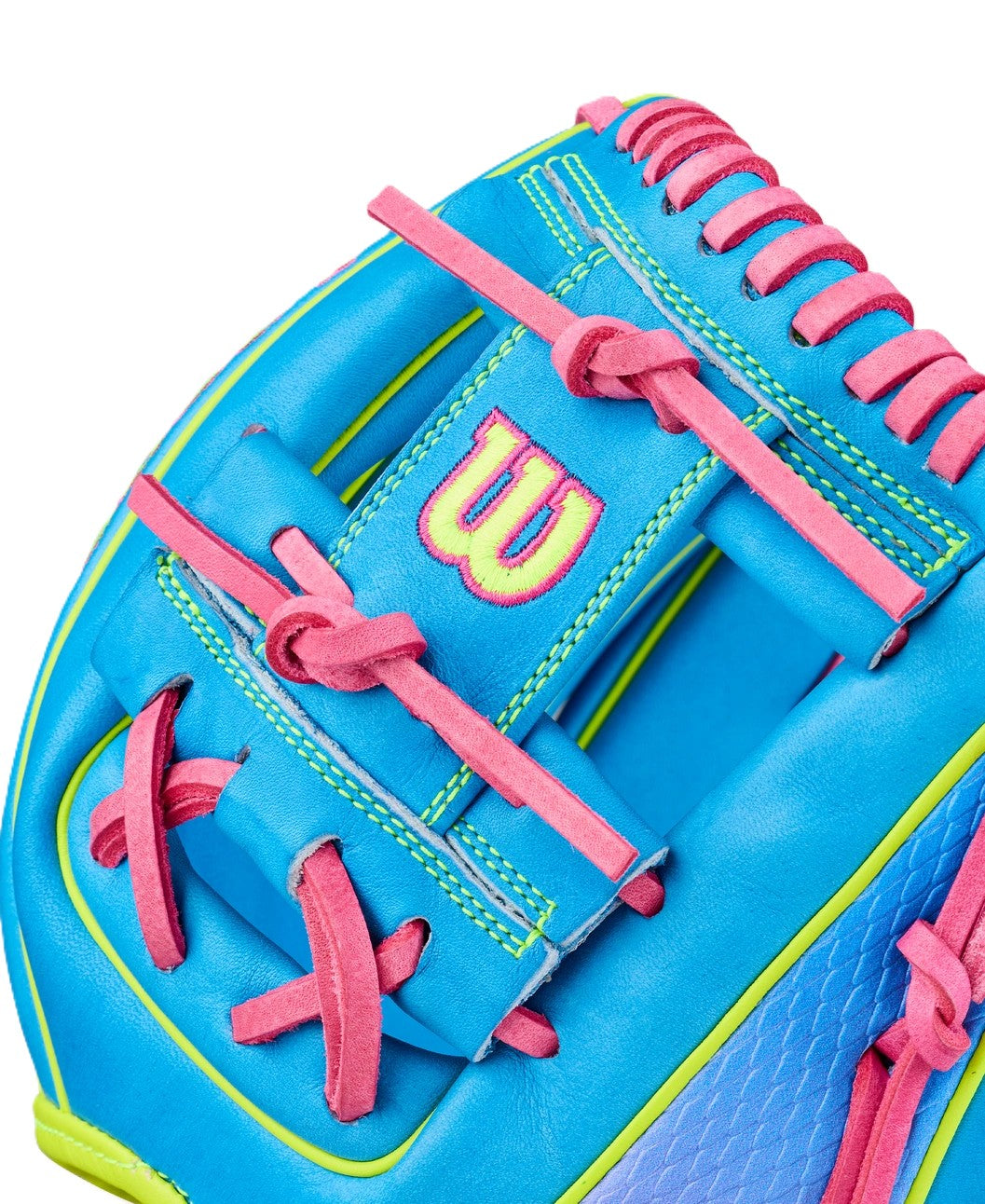 Close-up of the Wilson Love the Moment A2000 DP15 11.5" Baseball Glove (WBW104828115) in blue Pro Stock leather, featuring bright pink laces, yellow stitching, and a yellow W logo outlined in pink—a vibrant design by Wilson.