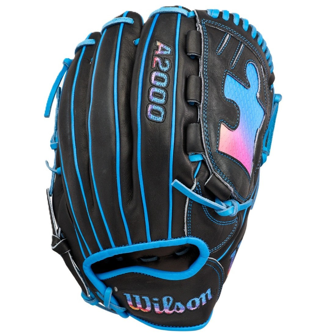 The Wilson Love the Moment A2000 B23 12" Baseball Glove features black Pro Stock Leather, vibrant blue stitching, and a multicolor logo to honor the Autism Speaks series. Model WBW10482912. Brand: Wilson.
