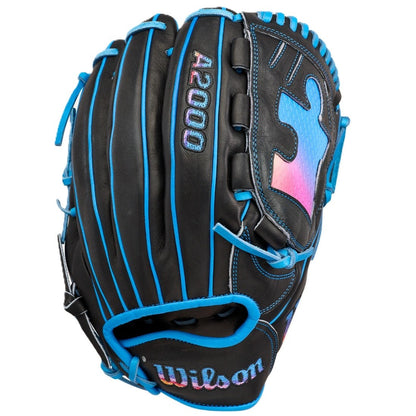 The Wilson Love the Moment A2000 B23 12" Baseball Glove features black Pro Stock Leather, vibrant blue stitching, and a multicolor logo to honor the Autism Speaks series. Model WBW10482912. Brand: Wilson.