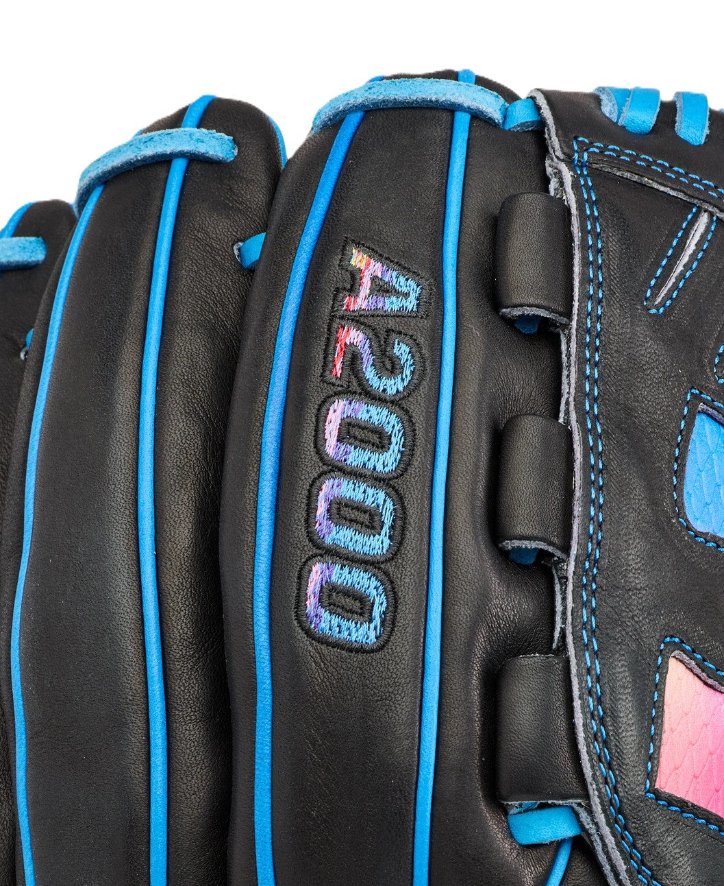 A close-up of the Wilson Love the Moment A2000 B23 12" Baseball Glove (WBW10482912), a black Pro Stock Leather pitcher’s glove with blue stitching, trim, and iridescent A2000 embroidery.