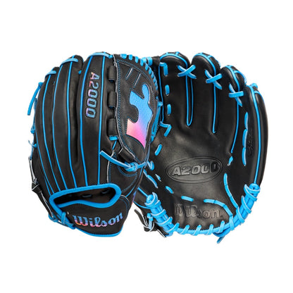 Two black Wilson Love the Moment A2000 B23 12" baseball gloves (WBW10482912) with Pro Stock Leather, blue laces, and accents are shown front and back. One features a pink and blue Autism Speaks logo for added meaning.