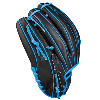 The Wilson Love the Moment A2000 B23 12" Baseball Glove (WBW10482912) is black with blue laces and trim, shown palm-side closed to highlight its stitching and smooth Pro Stock Leather.