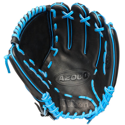 The Wilson Love the Moment A2000 B23 12" Baseball Glove (WBW10482912) features black Pro Stock Leather with bright blue laces and stitching, shown open with the palm facing up.