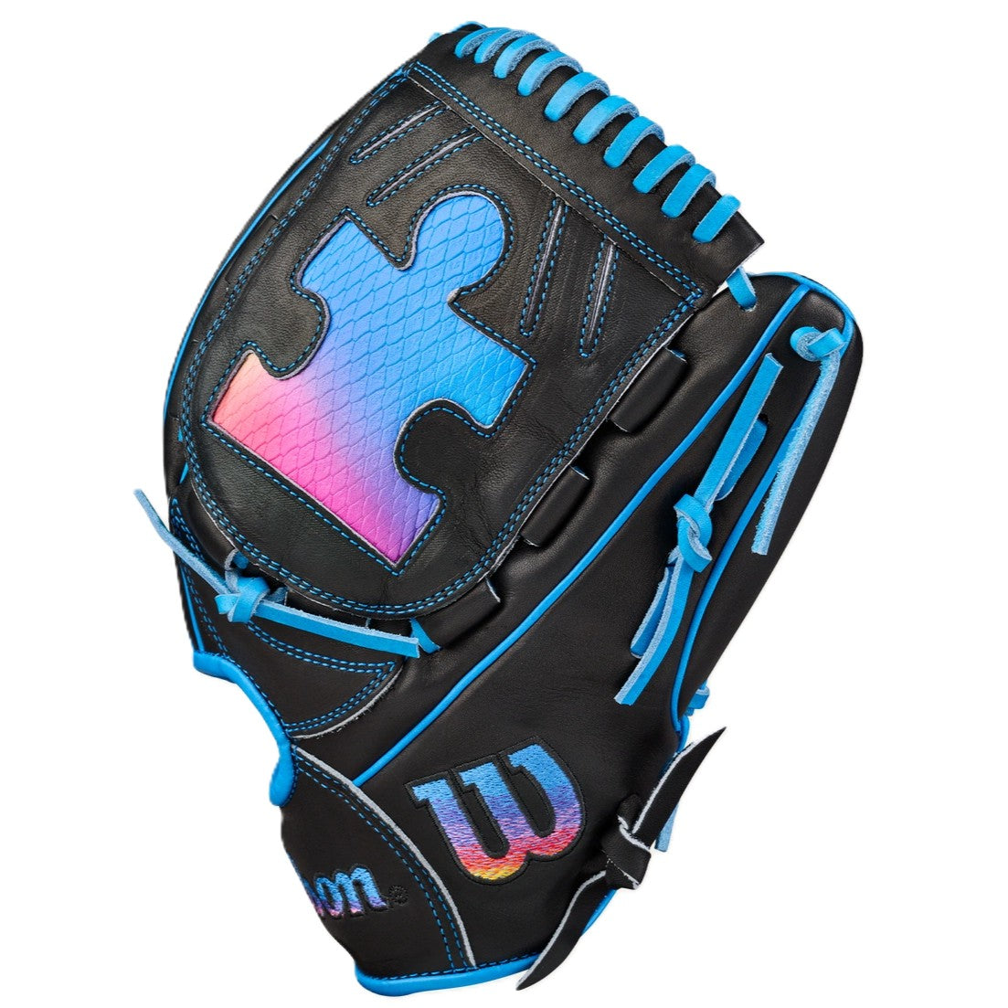The Wilson Love the Moment A2000 B23 12" baseball glove features black Pro Stock Leather, bright blue laces and trim, a large multicolored puzzle piece design, and a W logo on the outer side.