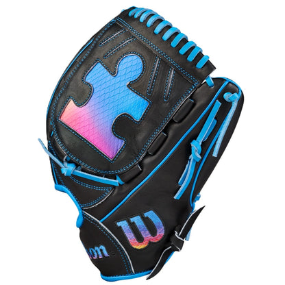 The Wilson Love the Moment A2000 B23 12" baseball glove features black Pro Stock Leather, bright blue laces and trim, a large multicolored puzzle piece design, and a W logo on the outer side.