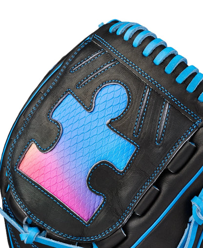 A close-up of the Wilson Love the Moment A2000 B23 12" Baseball Glove, crafted in black Pro Stock Leather with blue stitching and a blue-pink gradient puzzle piece design with snakeskin texture—an Autism Speaks edition.